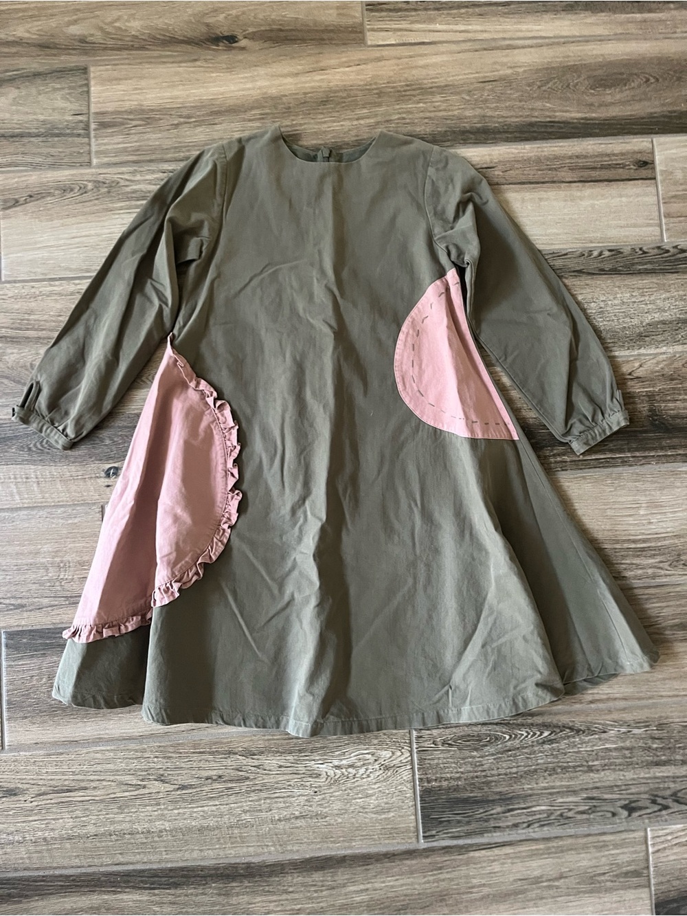 Teela New York Kids Olive Green Dress with Pink Accents EUC